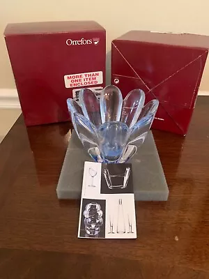 Orrefors Sweden Crystal Mayflower Blue Vase Bowl Signed 1980's • $34