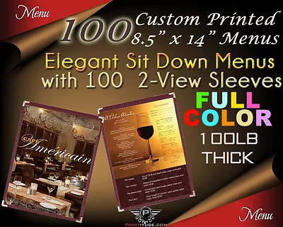 100 Custom Print Sit Down Menu 8.5  X 14  Full Color 2 Sided W/ Elegant Sleeve • $425.39