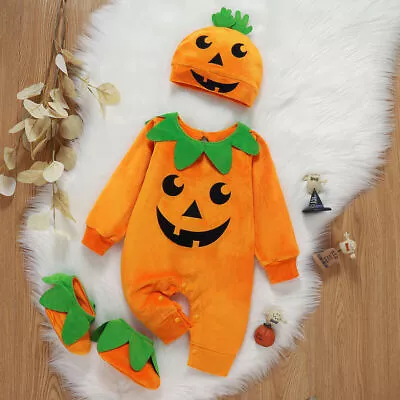 Toddler Baby Pumpkin Romper Costume Halloween Jumpsuit Hat Booties Outfit Set UK • £14.66