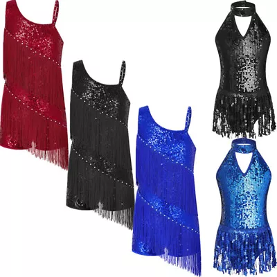 Latin Dance Dresses Girls Sleeveless Competition Costume Ballroom Tassel Leotard • $26.13