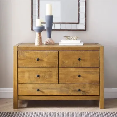 Rustic 5 Drawer Dresser Chest Of Drawers Bedroom Storage Solid Wood Oak Brown • $319.99