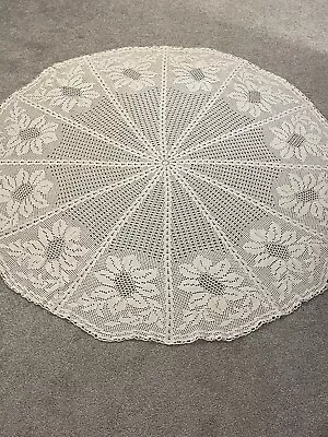 Vintage Hand Made Cream Color Crochet Floral Round 58” Tablecloth 12 Panel EUC • $29.99