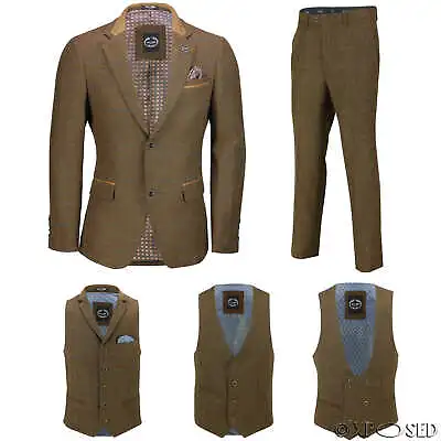 Men Tweed Check 3 Piece Suit Blazer Trouser Waistcoat Sold As Tailored Separates • £32.99