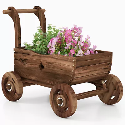 Patiojoy Wooden Wagon Planter Box Decorative Garden Planter W/ Wheels Handle • $64.99