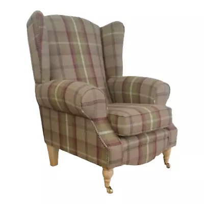 Accent Wing Back Queen Anne  Arm Chair Balmoral Heather Tartan Light Wood Legs  • £479