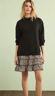 Next Black Animal Layered Frill Sweatshirt Jumper Dress Petite 16 Bnwot Sold Out • £15