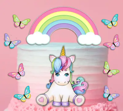 $20.95 • Buy Unicorn Cake Topper With Rainbow And Butterflies Edible Icing Image Cut Out #