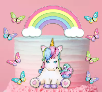 Unicorn Cake Topper With Rainbow And Butterflies Edible Icing Image Cut Out # • $20.95