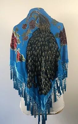 Gorgeous Oversized 41x41” Peacock Floral Burned Out Velvet Beaded Shawl Scarf • $15