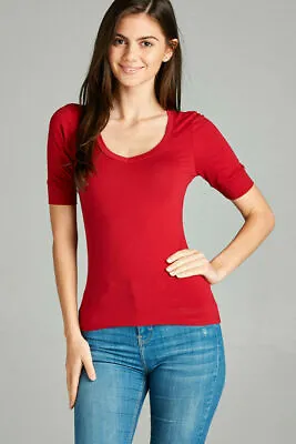 Women's Basic V-Neck Elbow Sleeve T-Shirt Short Sleeve Stretchy Top Reg & Plus • $12.49