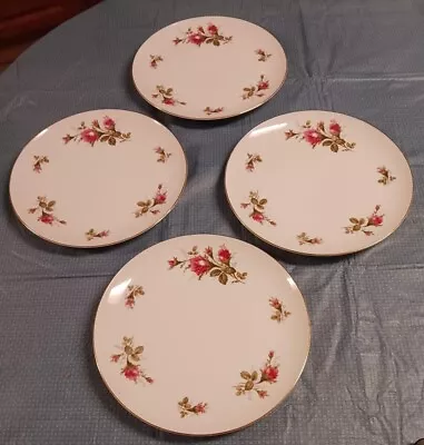 4 Mid Century Vintage Moss Rose Dinner Plates Pink Rose Gold Trim  10 1/4  Japan • $16