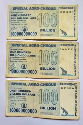 Zimbabwe 3x 100 Billion Dollars 2008 USED • £18