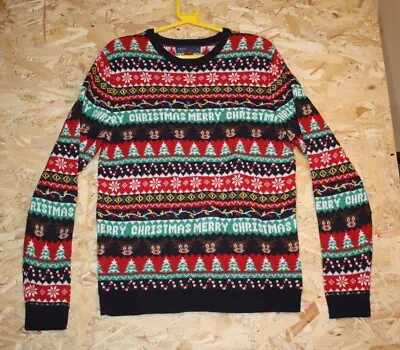 Christmas Jumper Mens Striped Novelty Medium Rudolph Lights Candy Canes Dad • £20