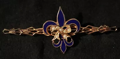 Vintage Costume Jewelry Fleur De Lis Pin In Blue Enamel With Faux Pearls • $12