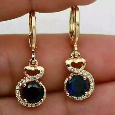 2.00 CT Drop-Dangle Earring Round Cut Lab-Created Sapphire 14k White Gold Plated • $167.87