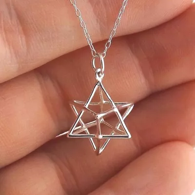 Sacred Geometry 3D Wire Star Charm Necklace 925 Sterling Silver Merkaba Symbol • $36