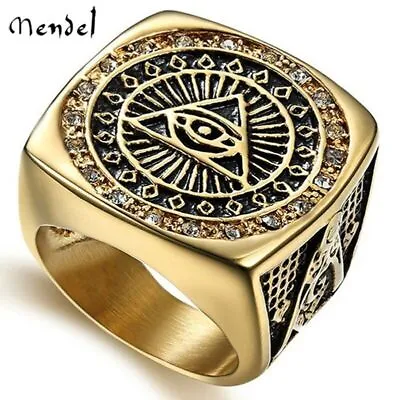 $13.99 • Buy MENDEL Gold Plated Mens Masonic Illuminati All Seeing Eye Square Ring Size 7-13