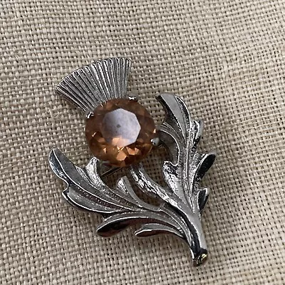 Vintage Celtic Scottish Thistle Brooch Pin With Amber Glass Faceted Stone 1 3/8  • $19.99