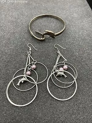 Vintage Silvertone Dolphin Hook Bangle + Dolphin Charm Dangle Hoop Earrings • $4.99