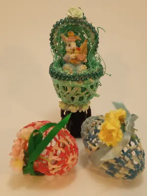 $13.99 • Buy Vintage Handmade Knit Crochet Easter Bunny Basket And Eggs Decorations Lot Of 3