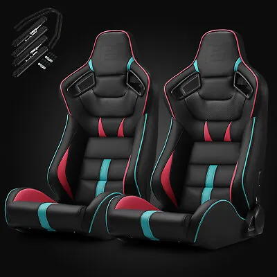 Black With Red/Blue PVC Reclinable VIPER-Series Racing Seats Pair W/Slider • $346.38