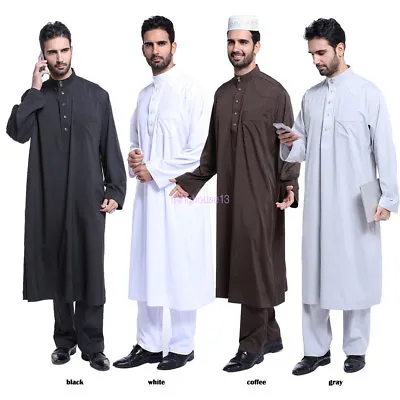 Men Muslim Dress Saudi Style Thobe Robe Islamic Kaftan Abaya Arab Dubai Clothing • £31.19