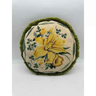 Vintage Cottage Core Needlepoint Yellow Green Flower Round Throw Pillow • $40