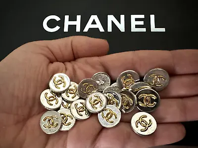LOT OF 10 Vintage CHANEL Silver Color Metal Button CC Logo In Gold High Relief • $80