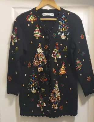 MICHAEL SIMON Sweater New York VTG Beaded Christmas Cardigan Black Size M Sample • $79.20