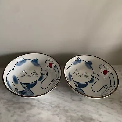 Japanese Smiling Money Cat Rice Bowl Pair  Maneki Neko Cute Blue Design 15cm • £22