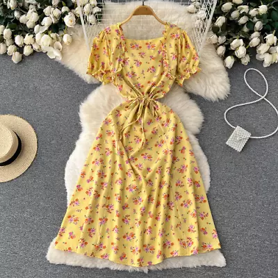 Summer Fashion Floral Print Women Dress Romantic Lace-up Waist Split Long Dress • $37.16