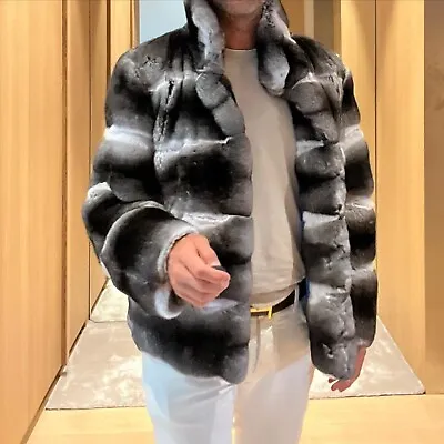 Men Natural Real Rex Rabbit Fur Coat Chinchilla Print Soft Jacket Thick Overcoat • $479