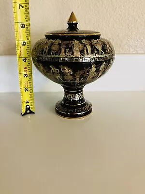 Vintage Greek Black Vase/Urn With Cover/top With 24K Gold Paint Made In Greece • $29.95