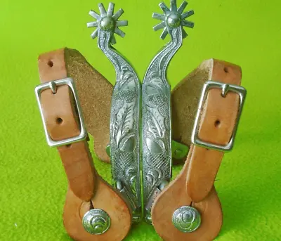 VOGT Vintage Maker Marked Western SPURS & Tooled STRAPS~Unique ACORN & OAK LEAF • $250