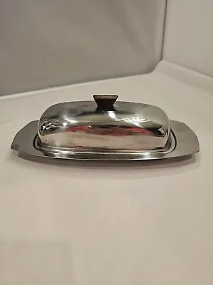 Vintage Stainless Butter Kingsford Butter Keeper-Dish With Lid Wooden Handle T2 • $11.96