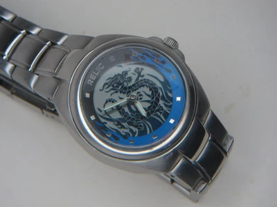 $54.96 • Buy Relic By Fossil  BIG TIC Blue  Fire Dragon Flame Mens Watch
