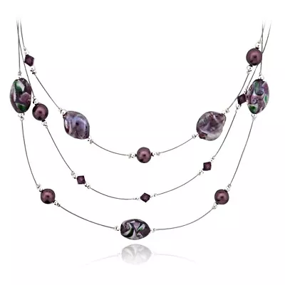 Sterling Silver Hand Blown Millefiori Purple Twist & Oval Artisan Glass Crystal • £23.28