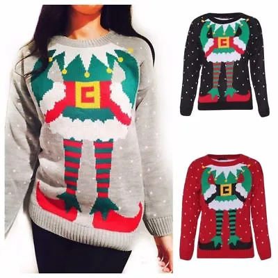 $14.69 • Buy Women's Ladies Christmas Xmas Jumper Elf Body Joker Knitted Sweater Uk Size 8-22
