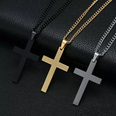 Cross Pendant Necklace Stainless Steel Plated Silver Men Women Cuban Chain • $3.99