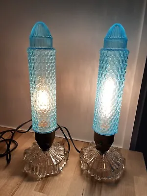 Vtg Pair 2 Art Deco Skyscraper Bedside Boudoir Table Lamps Sky Blue Glass • $299.99