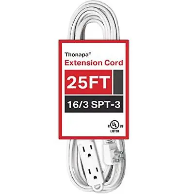 Thonapa 25 Ft Extension Cord With 3 Electrical Power Outlets - 16/3 White • $16.99