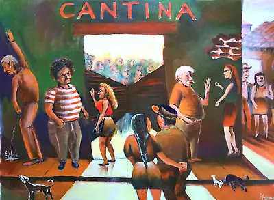 Mexican Cantina In Pueblo Town Village Oil On Canvas By Palomares Pm117 • $300