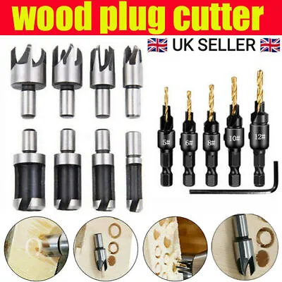 14pcs/Set Pack Countersink Drill Bit Wood Plug Cutter Woodworking Screw Hole • £6.95