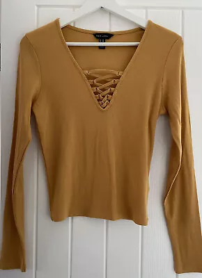 New Look Mustard Yellow Long Sleeve Lattice Neck Jersey Top Size 14 • £4