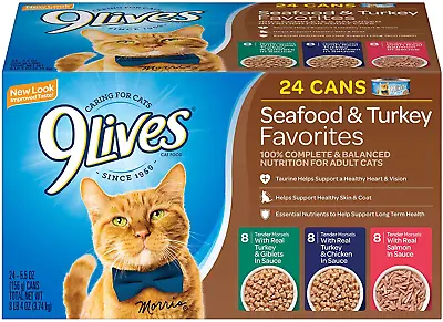 $30.16 • Buy 9 Lives Seafood And Turkey Favorites Wet Cat Food Variety Pack 5.5 Oz 24 Count..