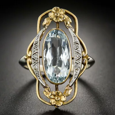 Vintage Art Deco Floral Ring 14K Yellow Gold Plated 2.5 Ct Simulated Aquamarine • $120.65