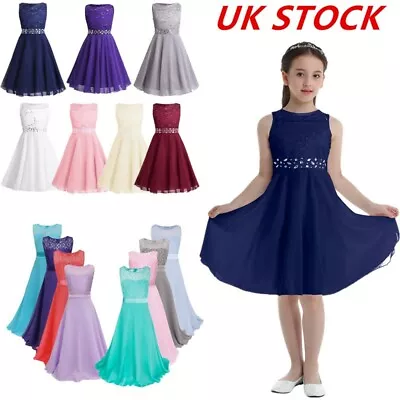 UK Kid Girls Lace Chiffon Flower Princess Pageant Wedding Bridesmaid Party Dress • £19.91