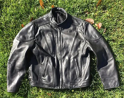 Vintage Mens M Black Leather Biker Jacket Concealed Gun Pocket Side Laces Vented • $84.99