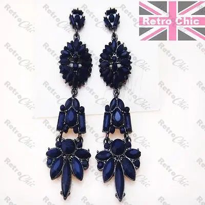 BIG 3 Long DARK SAPPHIRE BLUE Vintage Style CHANDELIER EARRINGS Gunmetal Black • £4.99