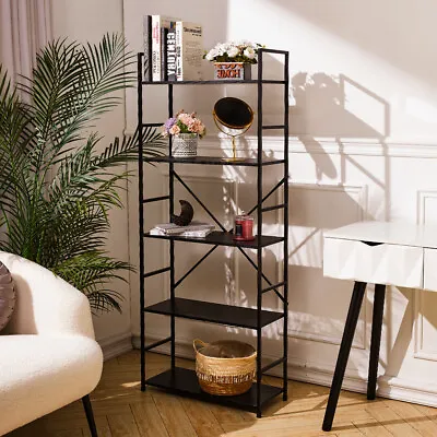 Industrial Bookcase Black Wood Grain Storage Display Shelving Unit Metal Frame • £25.95